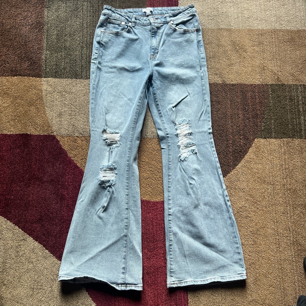Forever 21 Light Blue Distressed Flare Jeans